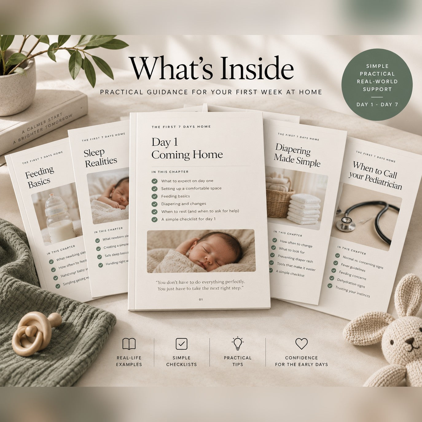 Interior pages: Day 1 coming home, feeding, sleep, diapering, and when to call your pediatrician