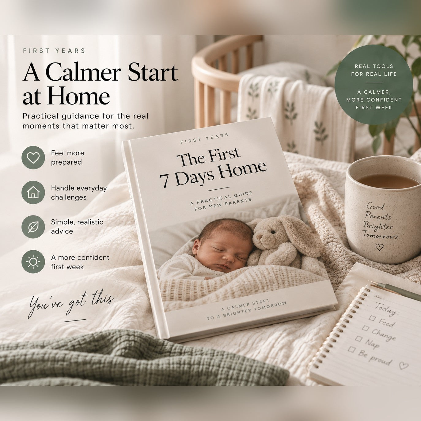 The First 7 Days Home guide at home, on a bed beside the crib