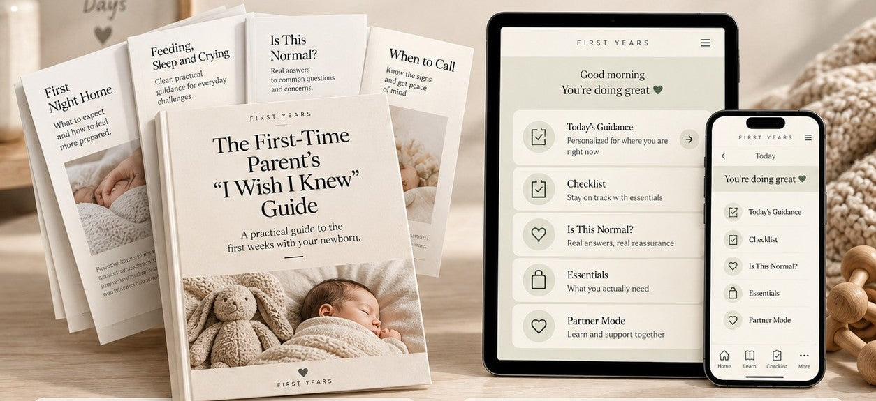 The I Wish I Knew Guide with its chapter pages, and the FIRST YEARS Companion on a tablet and phone