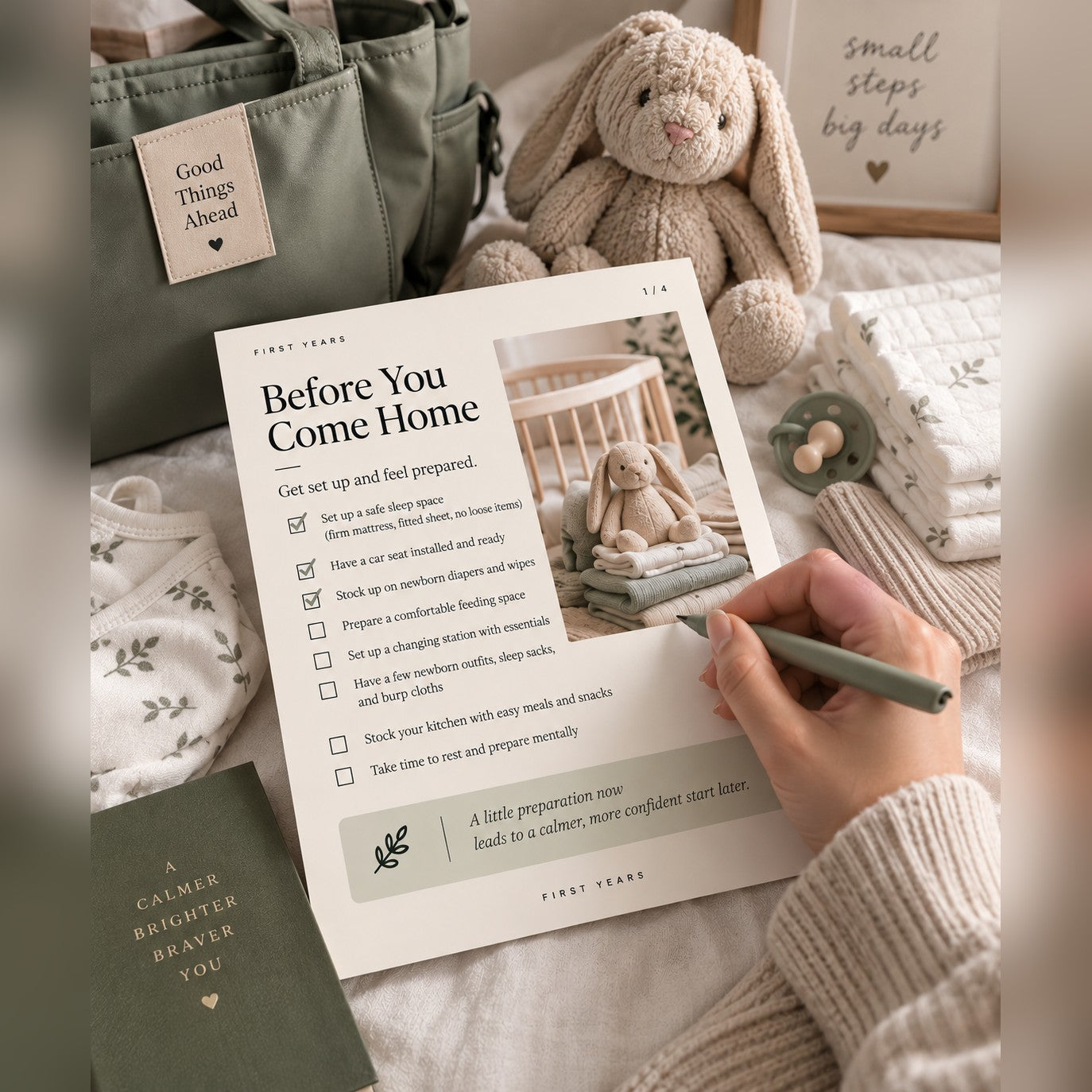 The printed checklist being filled in at home