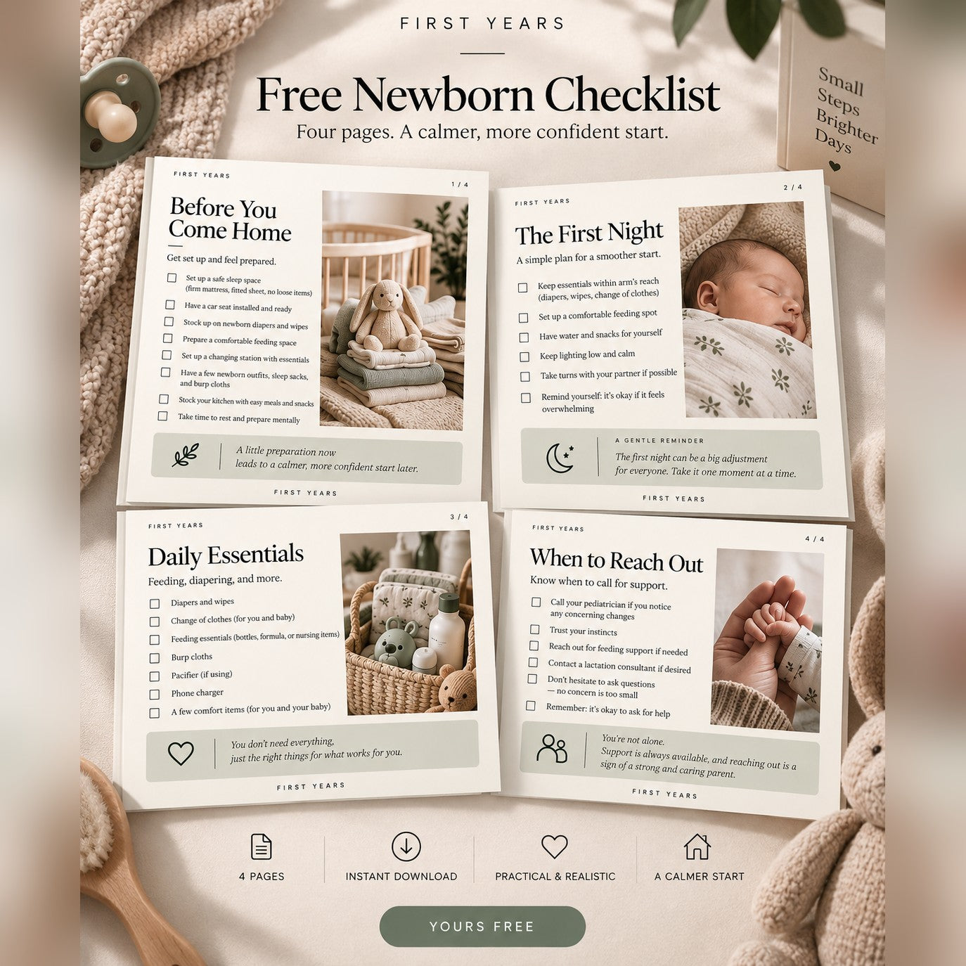 The free four-page newborn checklist, all pages shown