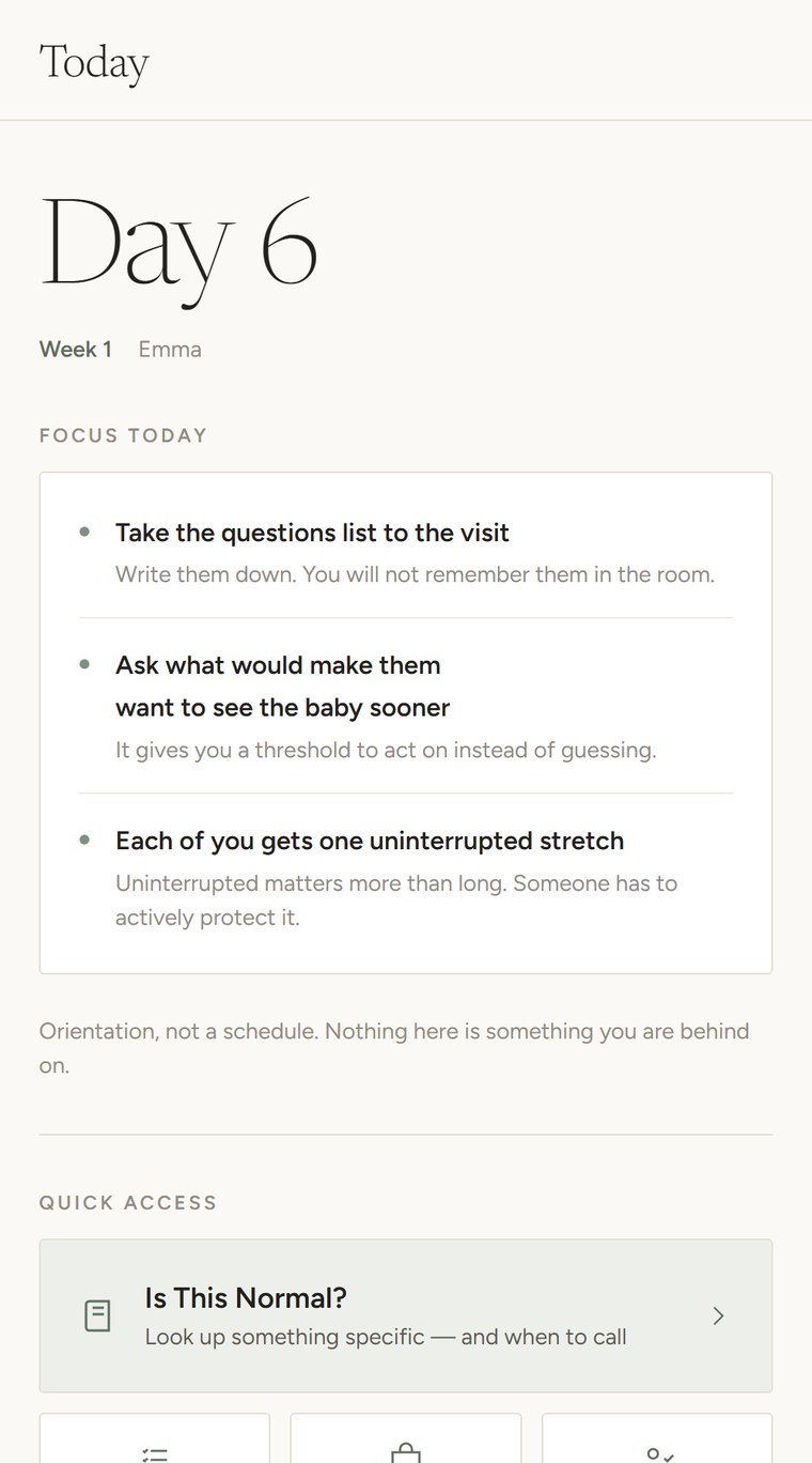 The Companion showing the Today screen for a six-day-old baby